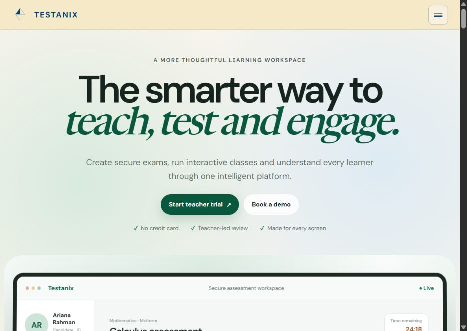 Testanix Classroom landing page