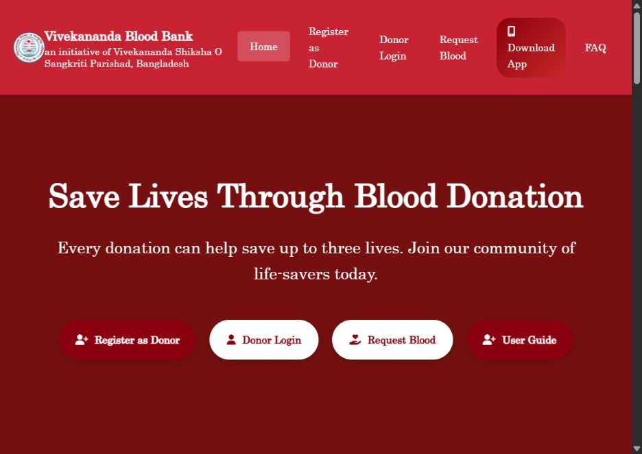 Vivekananda Blood Bank landing page
